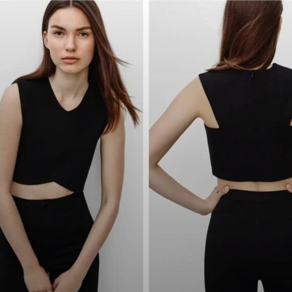 Talula Chocolate Brown Crop Stretch Scallop front Stretch Top - Picture 2 of 7